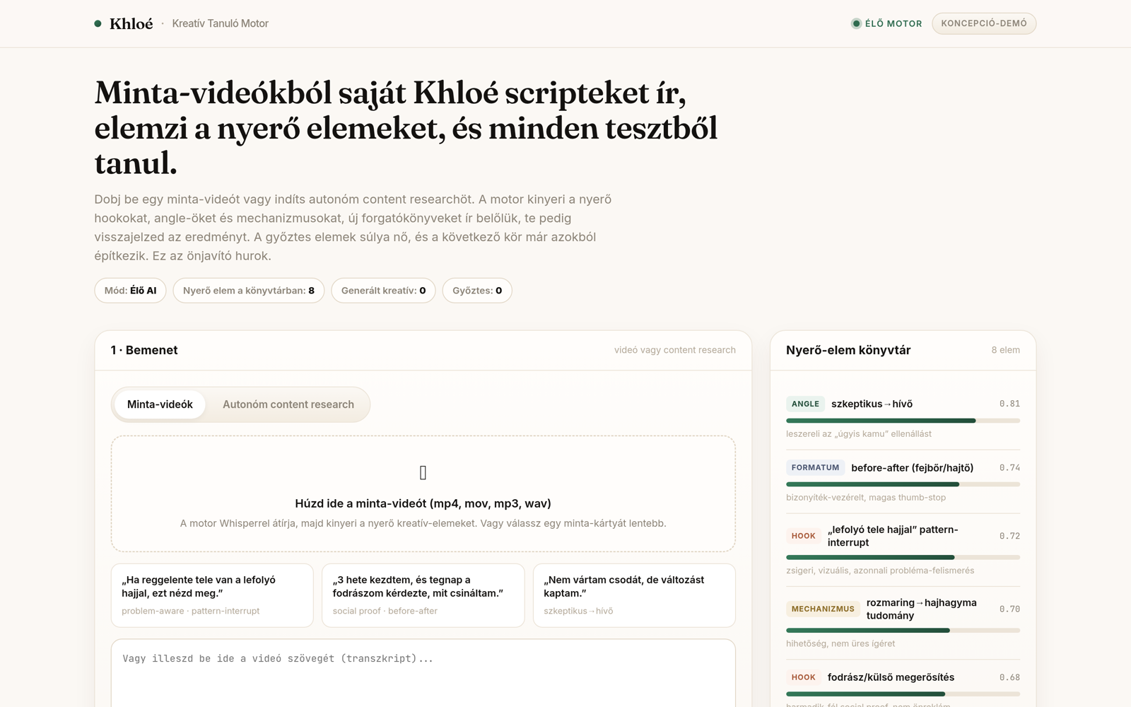 Khloé Kreatív Tanuló Motor — élő demó